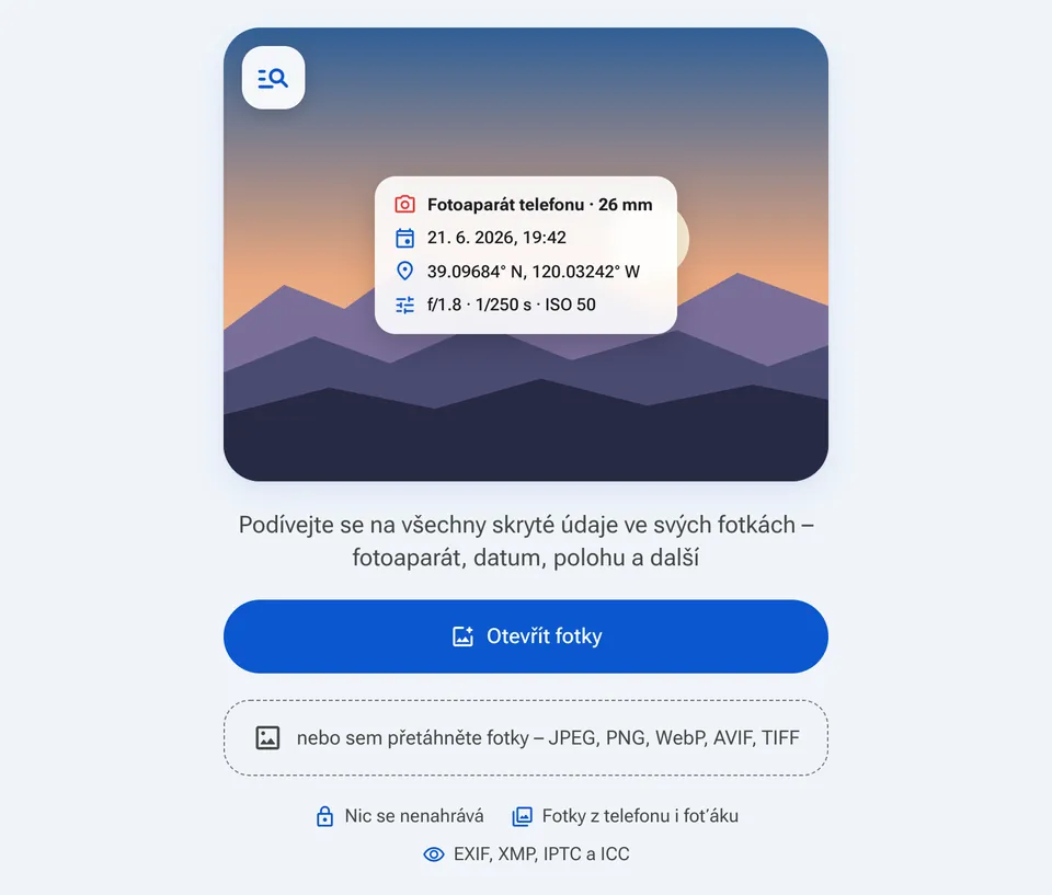 Úvodní obrazovka prohlížeče EXIF