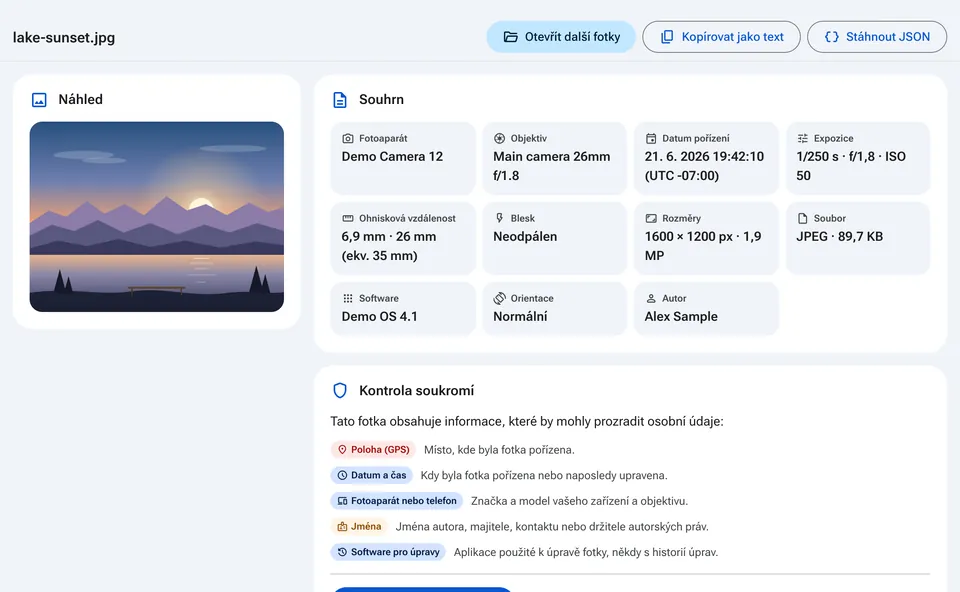 Souhrn EXIF s fotoaparátem, datem a kontrolou soukromí