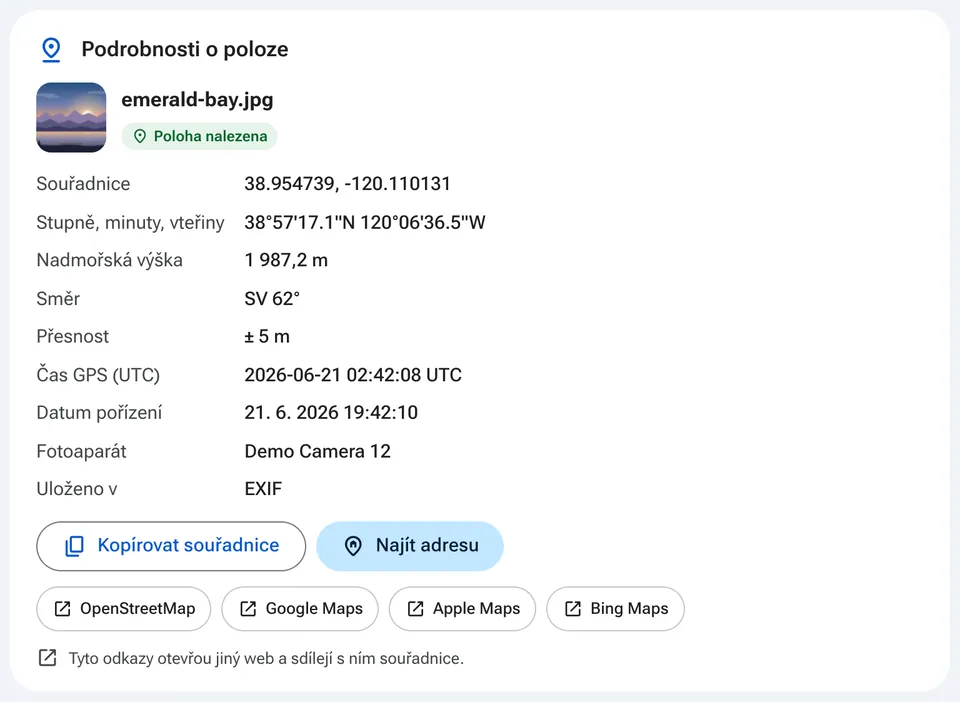 Podrobnosti o poloze s odkazy do mapových aplikací