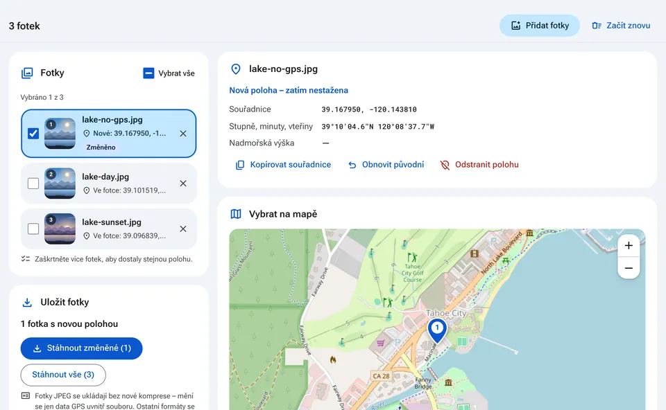 Výběr polohy fotky na mapě