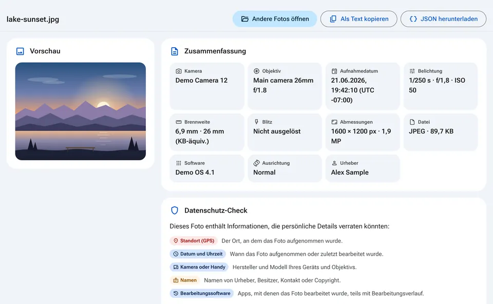 EXIF-Zusammenfassung mit Kamera, Datum und Datenschutz-Check