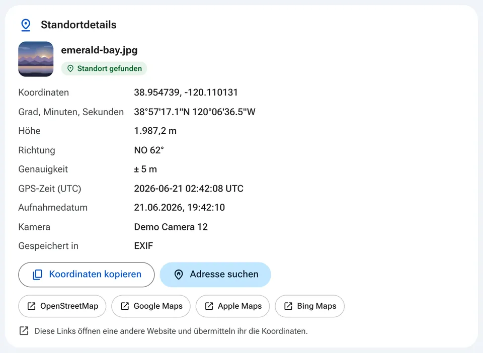 Standortdetails mit Links zu Karten-Apps