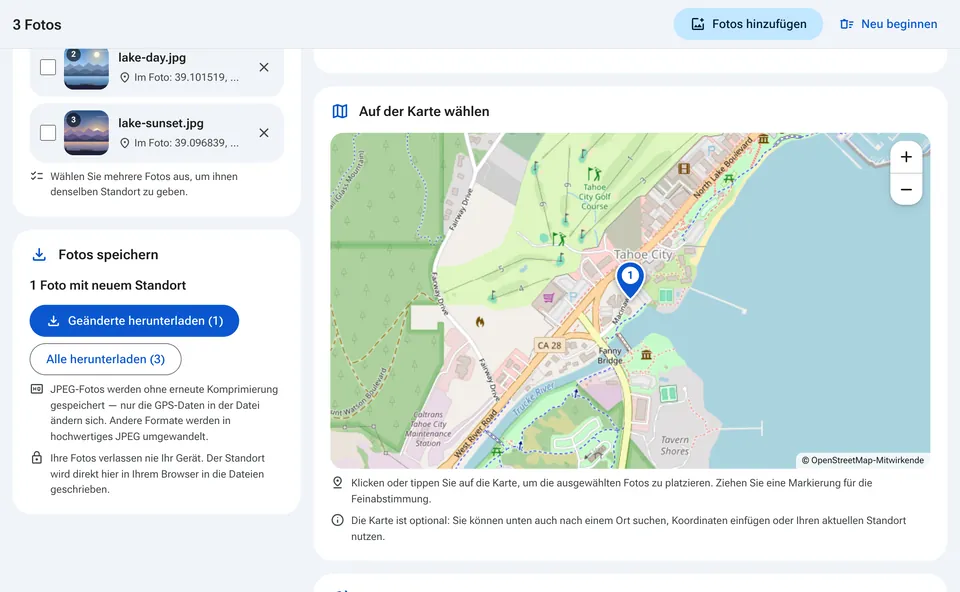 Download-Schaltflächen für die geotaggten Fotos