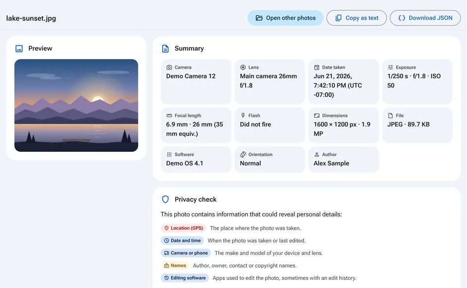 EXIF summary with camera, date and privacy check