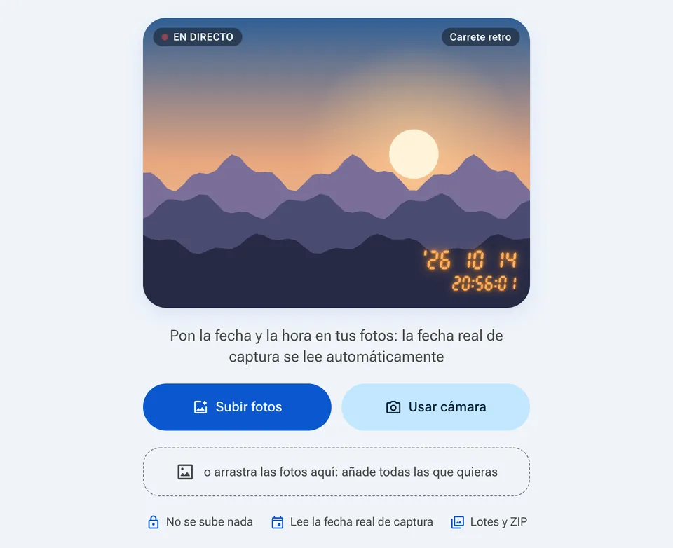 Pantalla inicial de Añadir fecha y hora con el botón Subir fotos
