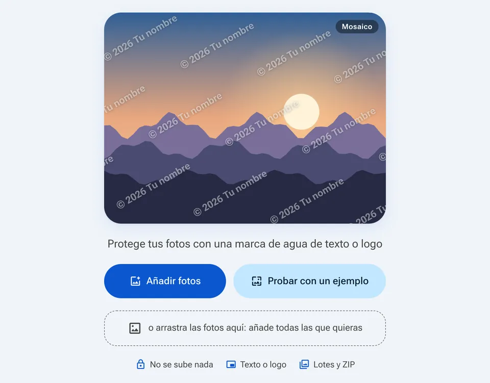 Pantalla inicial de marca de agua con el botón Añadir fotos