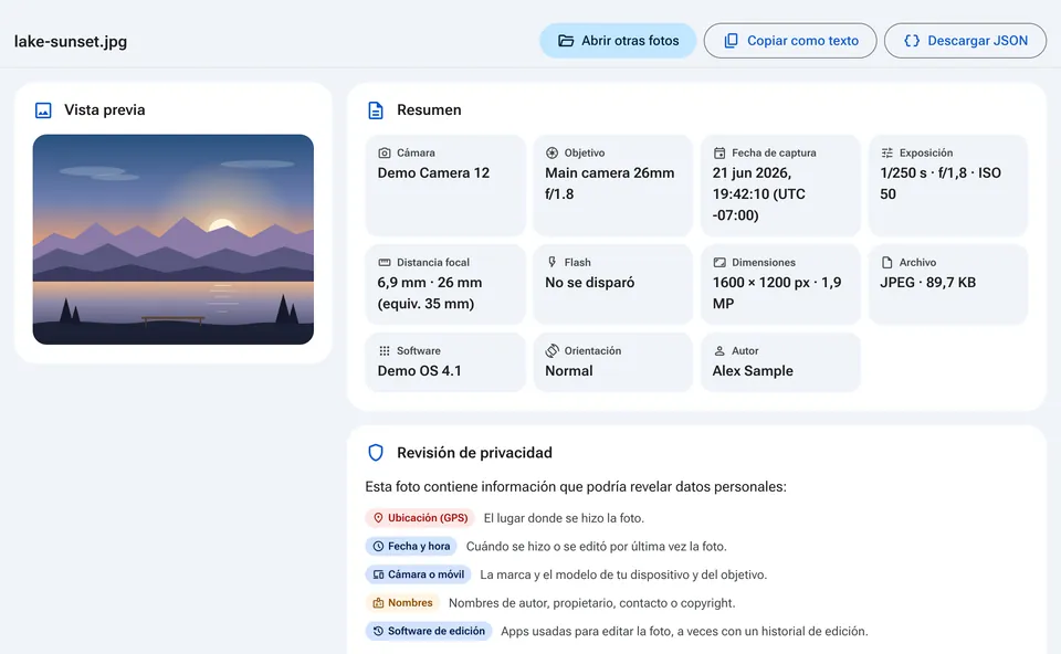 Resumen EXIF con cámara, fecha y revisión de privacidad