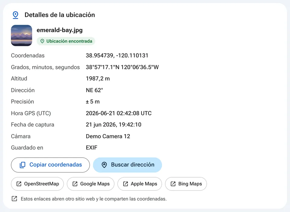 Detalles de la ubicación con enlaces a apps de mapas