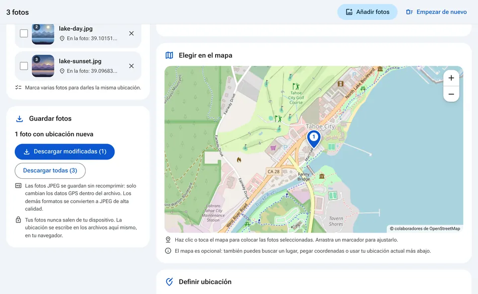Botones de descarga de las fotos geoetiquetadas