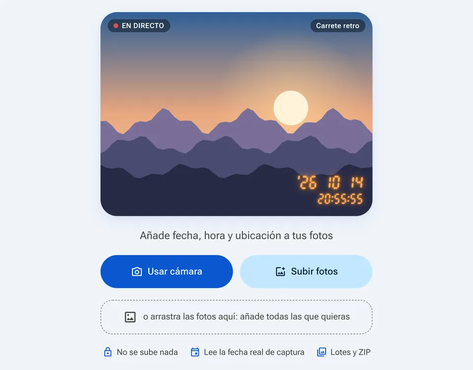 Pantalla inicial de la cámara con marca de tiempo con los botones Usar cámara y Subir fotos