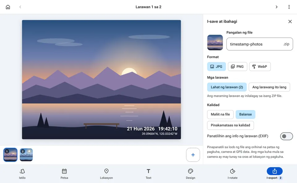 Export panel para sa pag-download ng ilang larawan bilang ZIP file