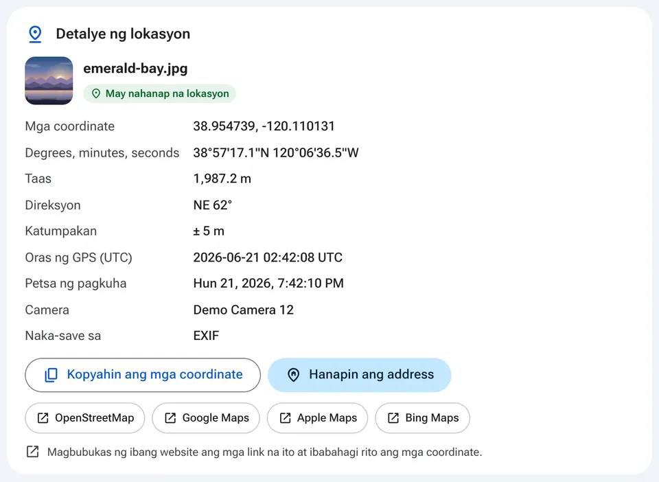 Detalye ng lokasyon na may mga link sa map app