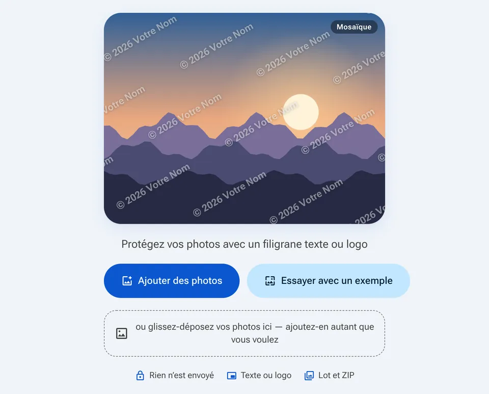 Écran d’accueil du filigrane avec le bouton Ajouter des photos