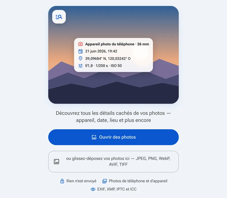 Écran d’accueil du lecteur EXIF