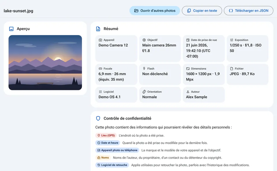 Résumé EXIF avec appareil, date et contrôle de confidentialité