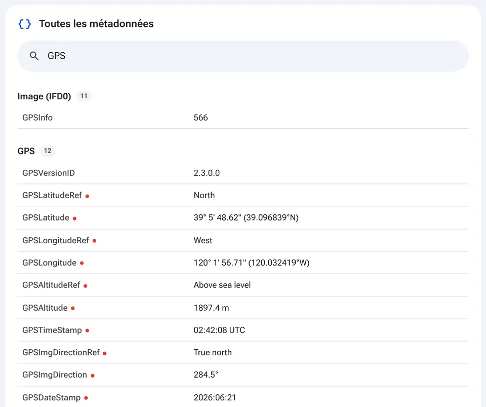 Tableau complet des métadonnées avec recherche