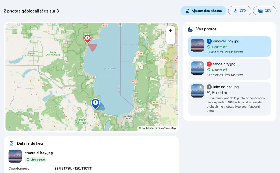 Carte avec le lieu de la photo et ses détails
