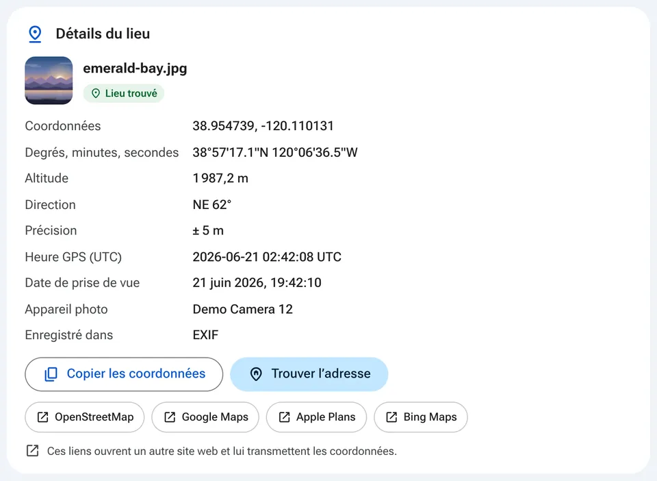 Détails du lieu avec des liens vers des applis de cartes