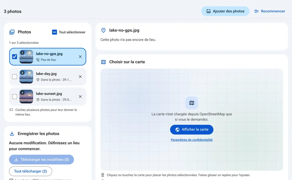 Outil de géolocalisation avec une liste de photos et leur lieu