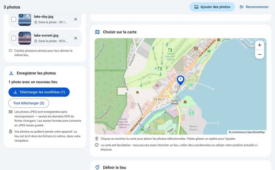 Boutons de téléchargement des photos géolocalisées