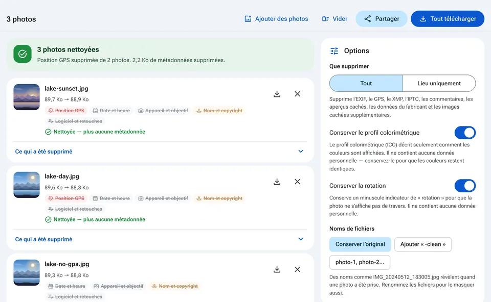 Liste de photos avec les métadonnées trouvées dans chacune