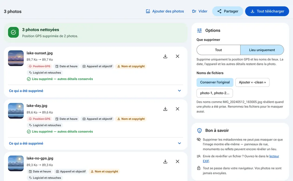 Options pour supprimer toutes les métadonnées ou seulement le lieu