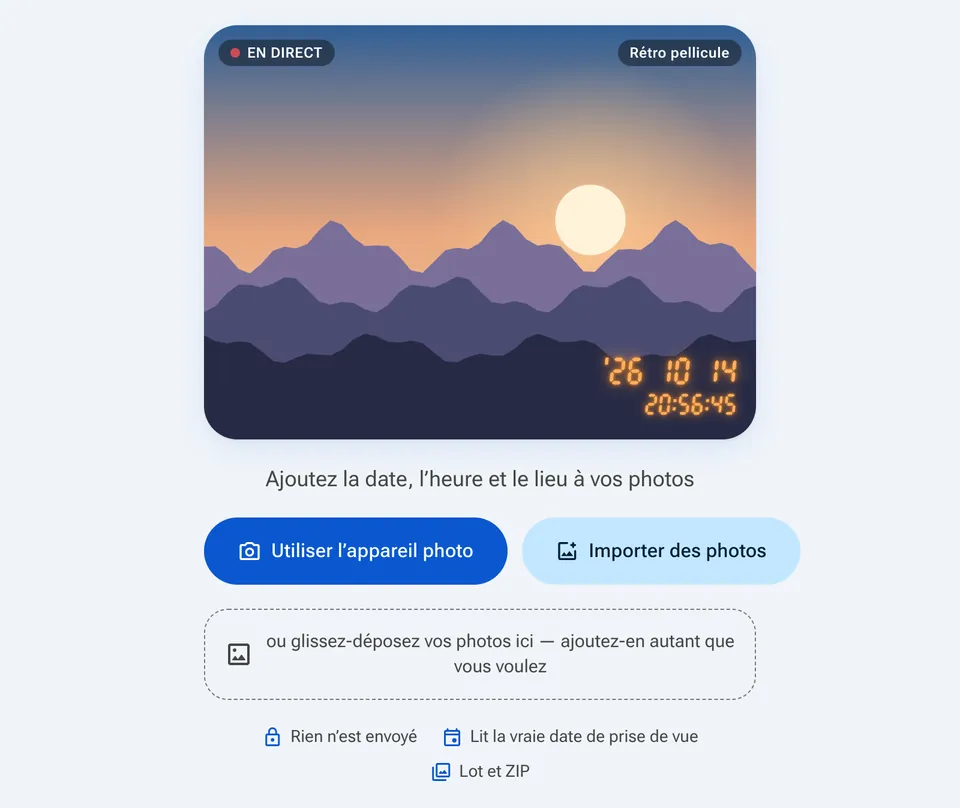 Écran d’accueil de Timestamp Camera avec les boutons Utiliser l’appareil photo et Importer des photos