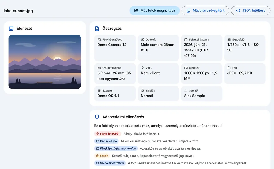EXIF-összegzés a géppel, a dátummal és az adatvédelmi ellenőrzéssel