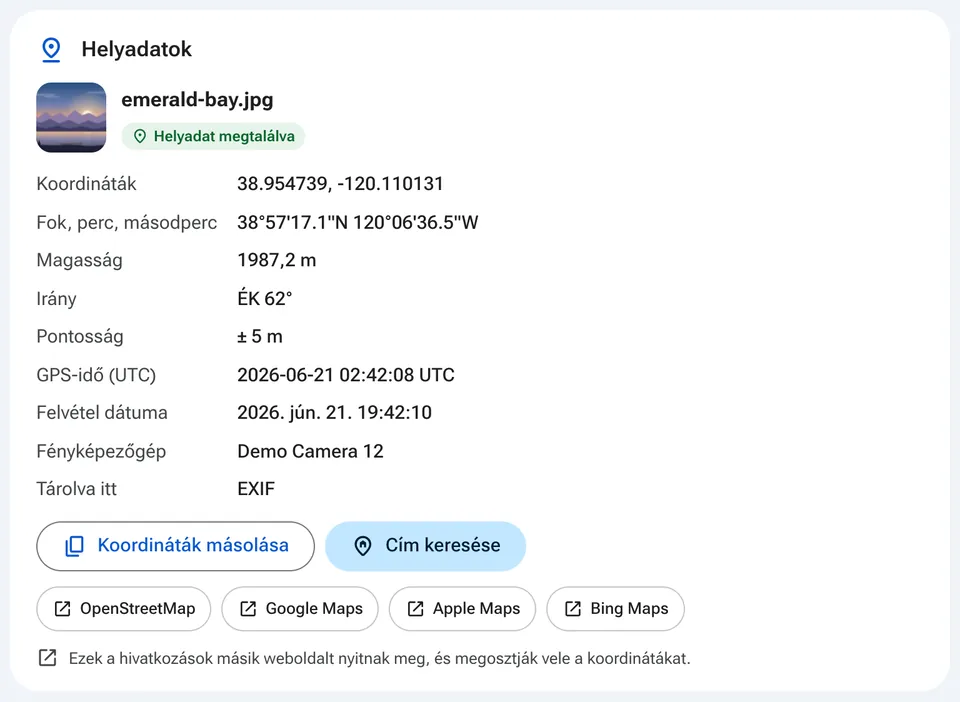Helyadatok térképalkalmazásokra mutató hivatkozásokkal