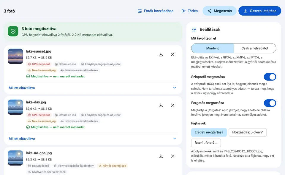 Fotók listája a bennük talált metaadatokkal