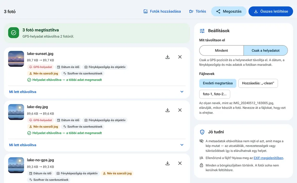 Beállítások az összes metaadat vagy csak a helyadat eltávolításához