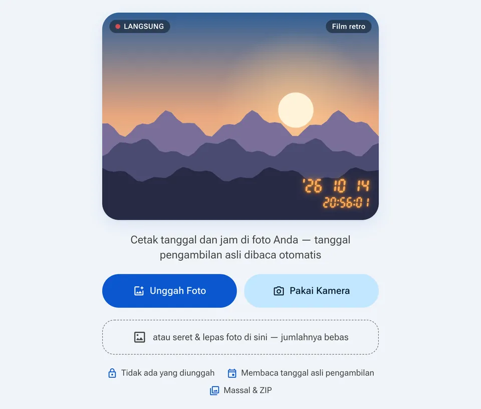 Layar awal Tambah Tanggal dan Waktu dengan tombol Unggah Foto