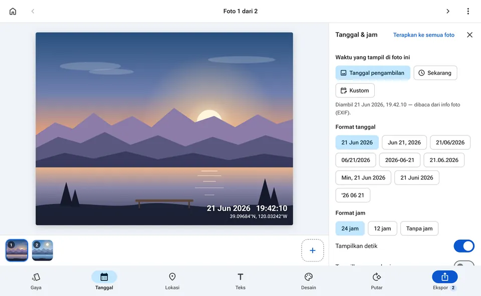 Panel tanggal dan waktu dengan pilihan format tanggal