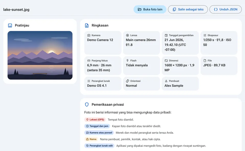 Ringkasan EXIF dengan kamera, tanggal, dan pemeriksaan privasi