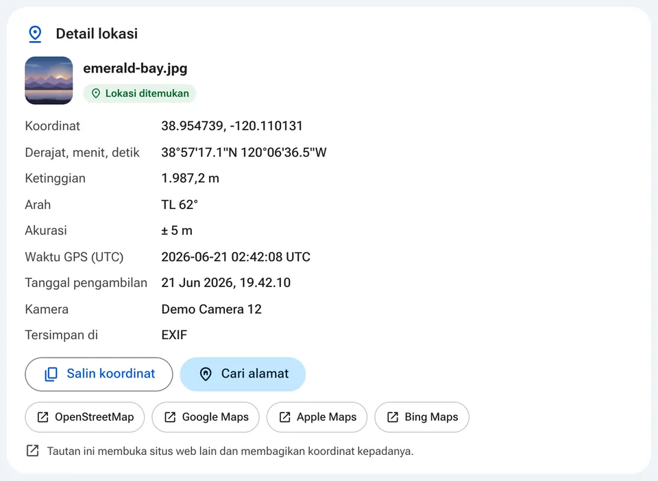 Detail lokasi dengan tautan ke aplikasi peta