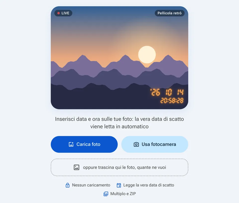 Schermata iniziale di Aggiungi data e ora con il pulsante Carica foto