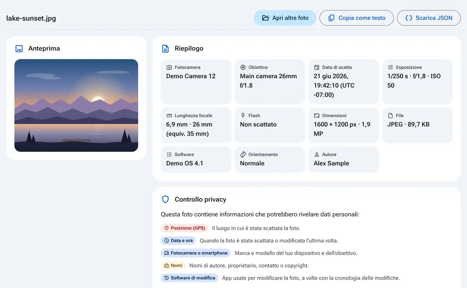 Riepilogo EXIF con fotocamera, data e controllo privacy