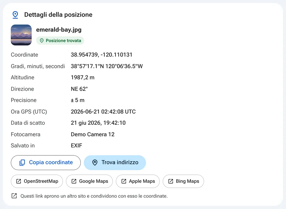 Dettagli della posizione con link alle app di mappe