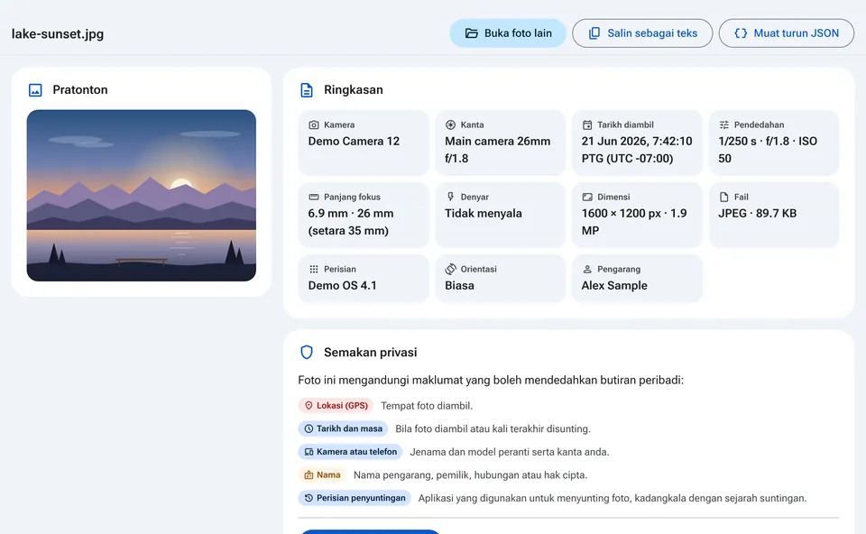 Ringkasan EXIF dengan kamera, tarikh dan semakan privasi