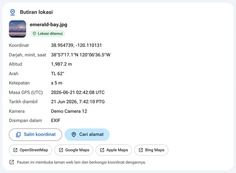 Butiran lokasi dengan pautan ke aplikasi peta