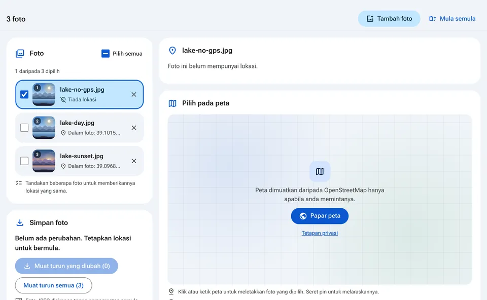 Alat geotag dengan senarai foto dan lokasinya
