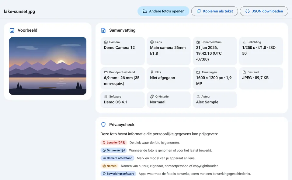 EXIF-samenvatting met camera, datum en privacycheck