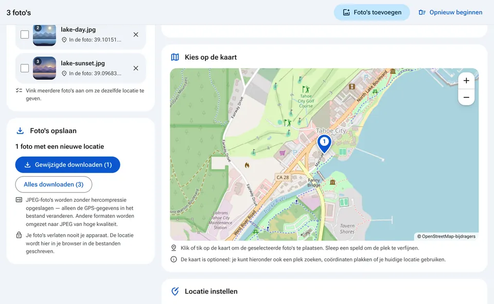 Downloadknoppen voor de gegeotagde foto's