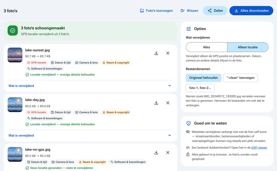 Opties om alle metadata of alleen de locatie te verwijderen
