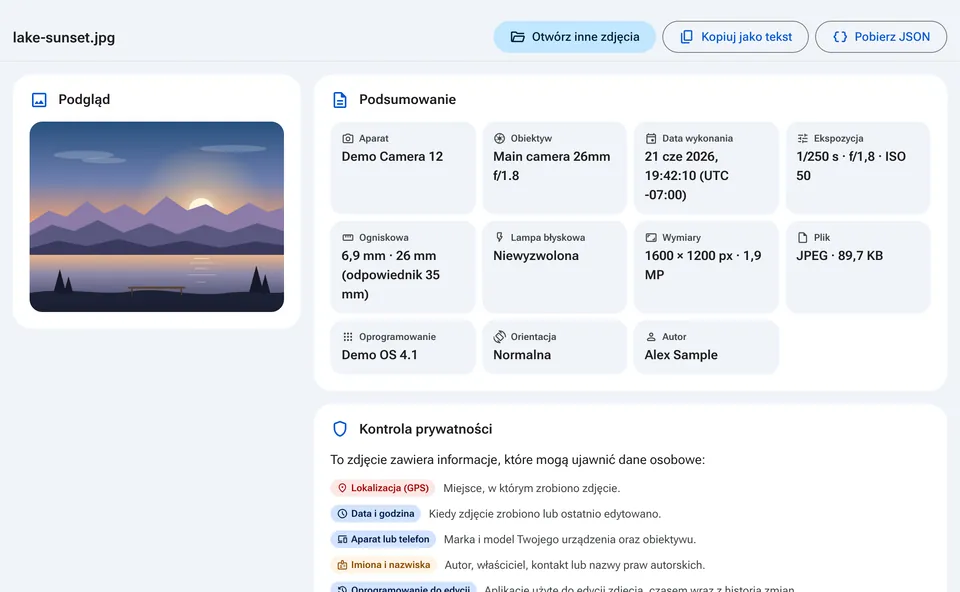 Podsumowanie EXIF z aparatem, datą i kontrolą prywatności