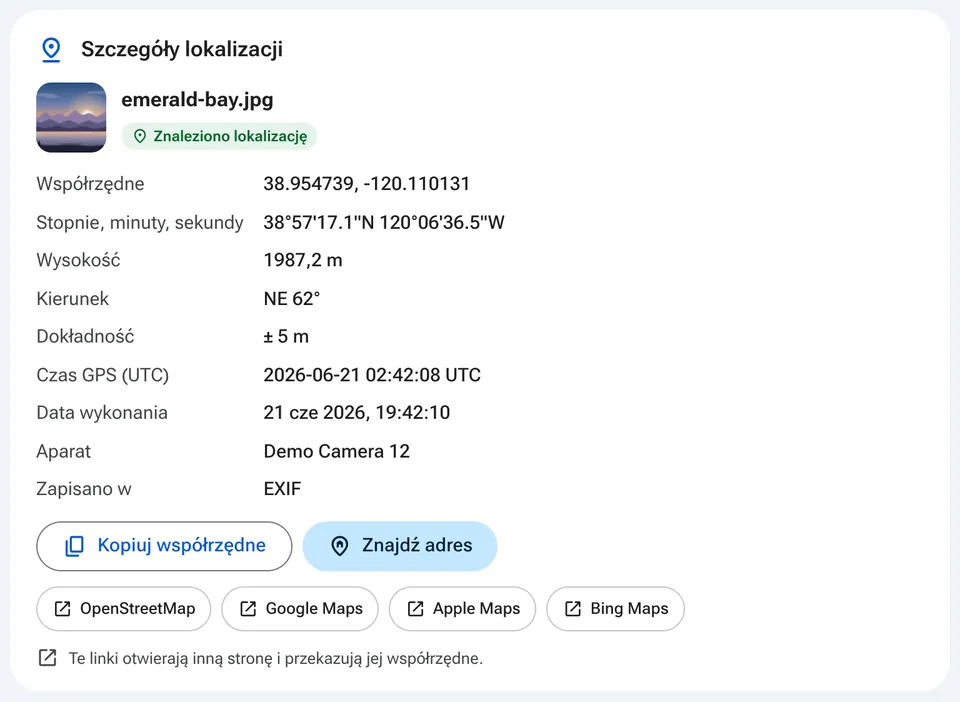 Szczegóły lokalizacji z odnośnikami do aplikacji map