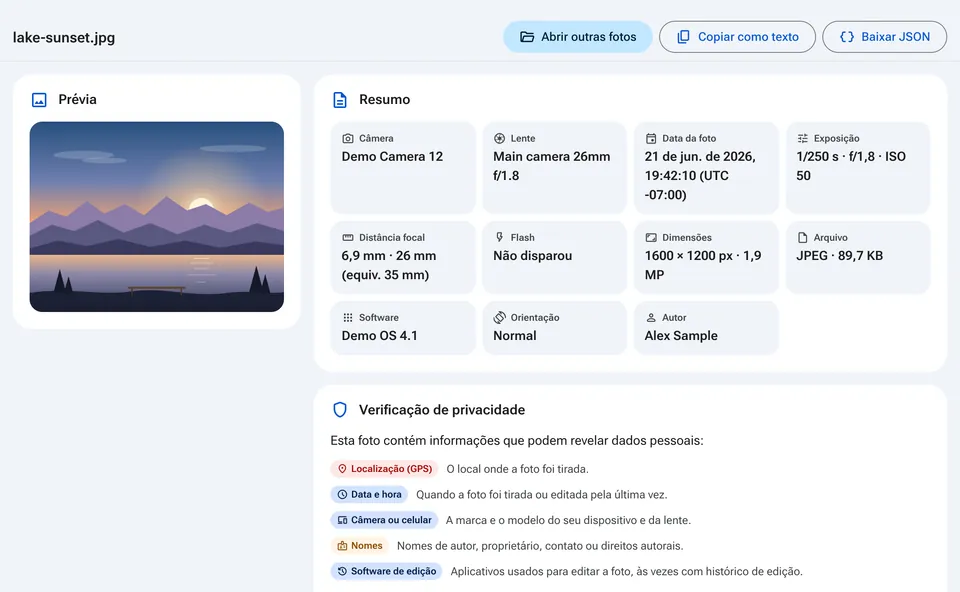 Resumo EXIF com câmera, data e verificação de privacidade