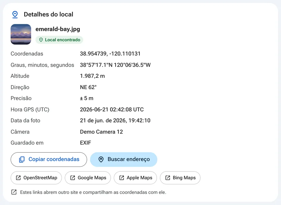 Detalhes do local com links para aplicativos de mapas