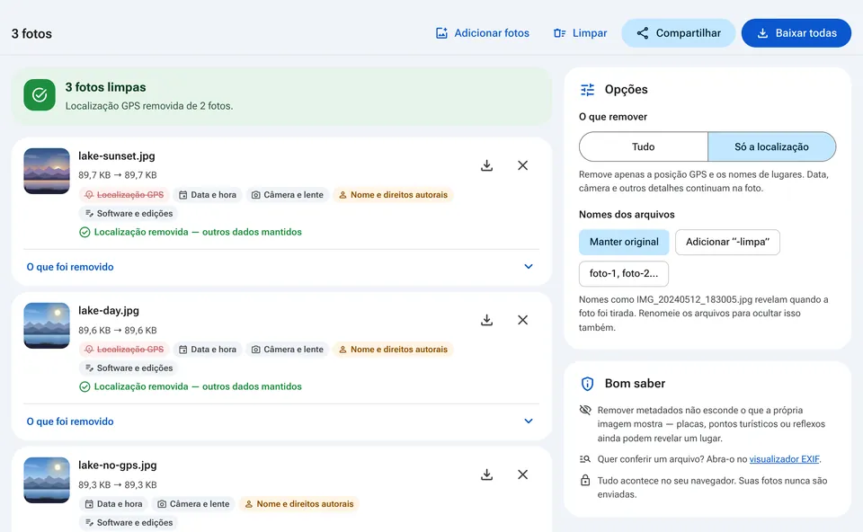 Opções para remover todos os metadados ou só a localização
