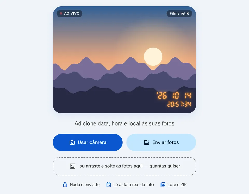 Tela inicial da Câmera com Data e Hora com os botões Usar câmera e Enviar fotos